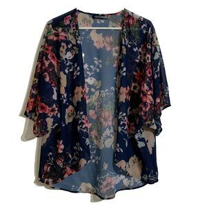 Blue Cardigan Open Front Short Sleeve Sheer Flowy Floral Navy Dress Jacket XL